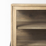 Mercana Arelius 70L x 18W x 32H Light Brown Wood, Black Metal Base w/ 4 Glass Cabinet Doors Sideboard