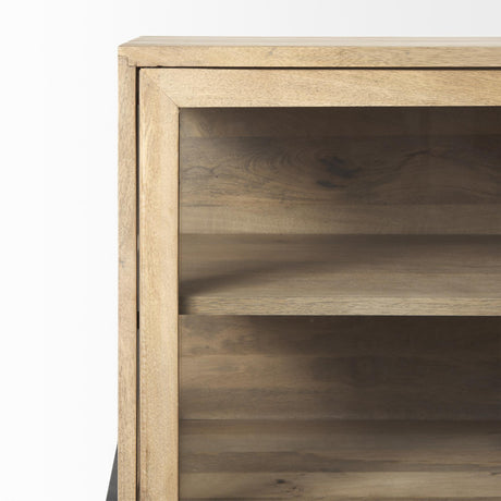 Mercana Arelius 70L x 18W x 32H Light Brown Wood, Black Metal Base w/ 4 Glass Cabinet Doors Sideboard