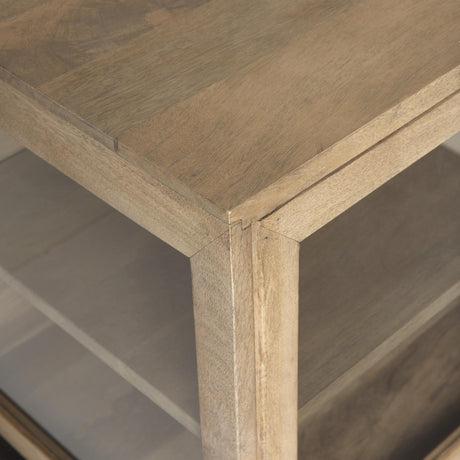 Mercana Arelius 70L x 18W x 32H Light Brown Wood, Black Metal Base w/ 4 Glass Cabinet Doors Sideboard