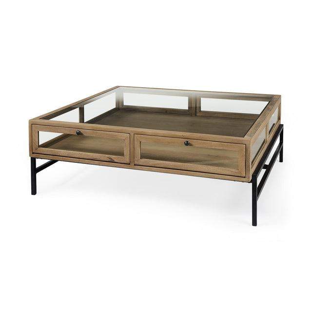Mercana Arelius 42" Square Glass-Top Light Brown w/ Black Metal Base Display Coffee Table
