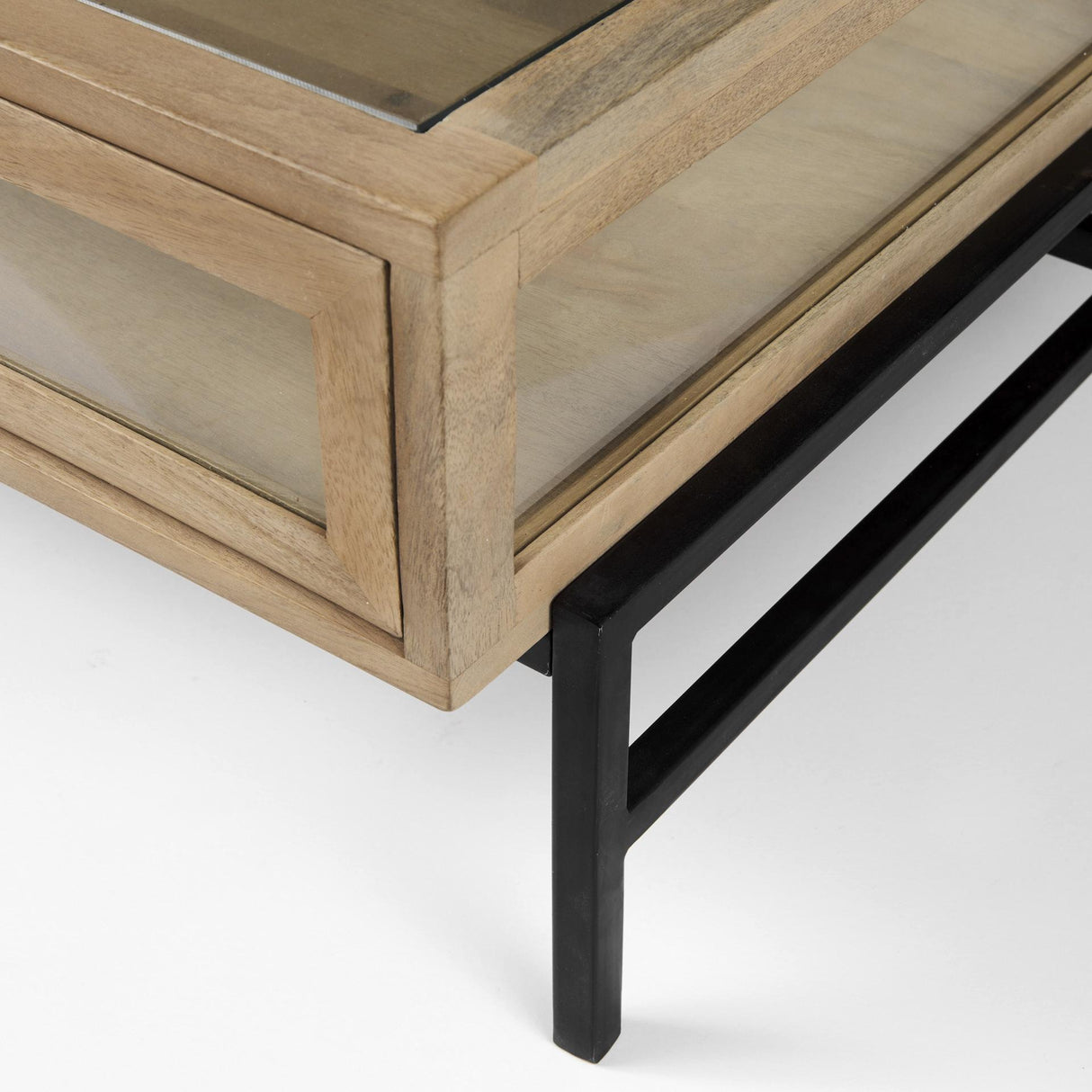 Mercana Arelius 42" Square Glass-Top Light Brown w/ Black Metal Base Display Coffee Table