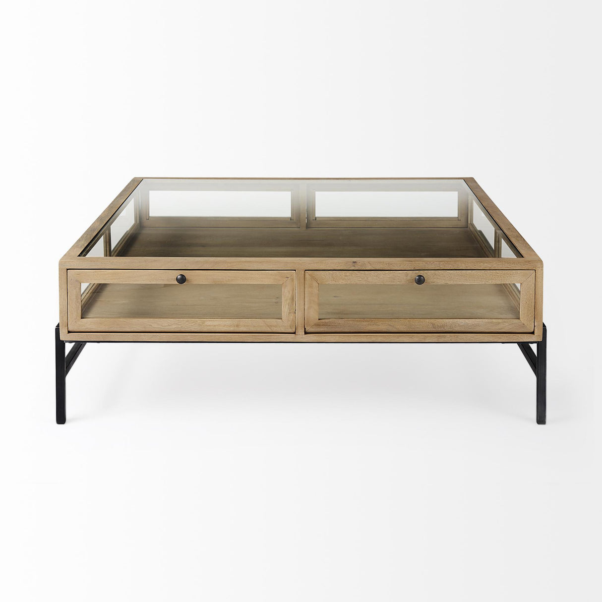 Mercana Arelius 42" Square Glass-Top Light Brown w/ Black Metal Base Display Coffee Table