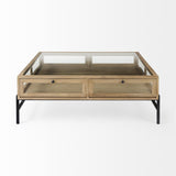 Mercana Arelius 42" Square Glass-Top Light Brown w/ Black Metal Base Display Coffee Table
