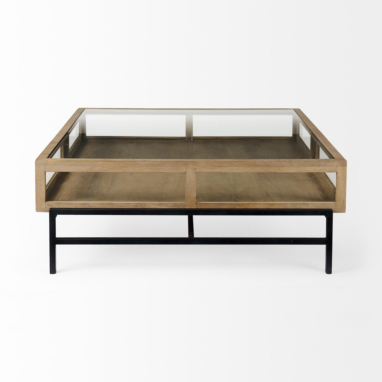Mercana Arelius 42" Square Glass-Top Light Brown w/ Black Metal Base Display Coffee Table