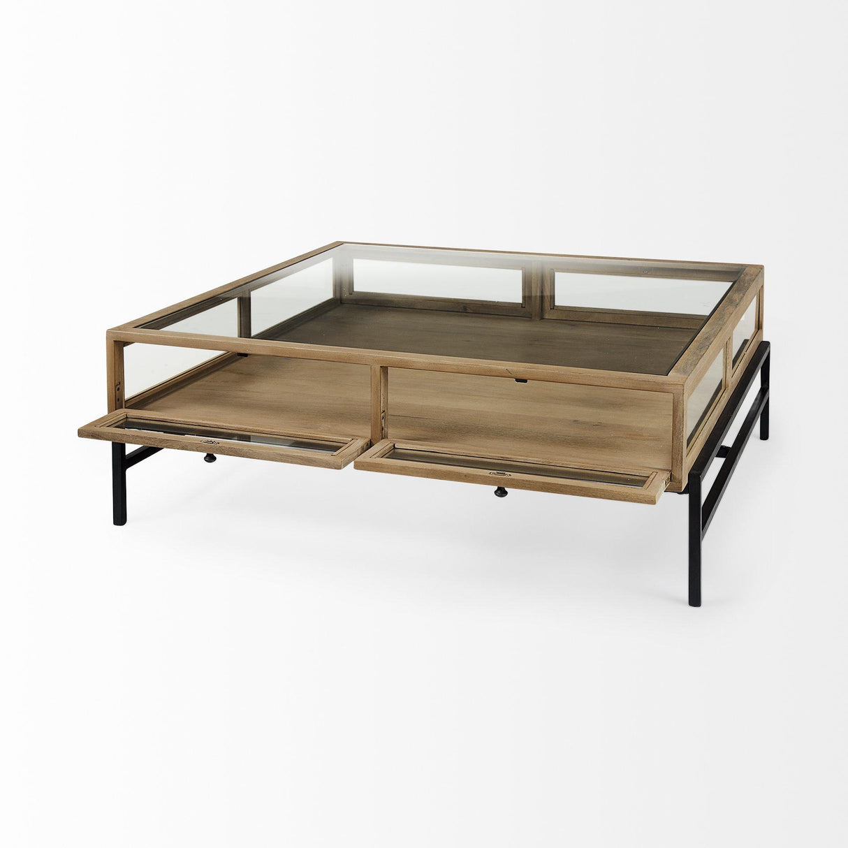 Mercana Arelius 42" Square Glass-Top Light Brown w/ Black Metal Base Display Coffee Table