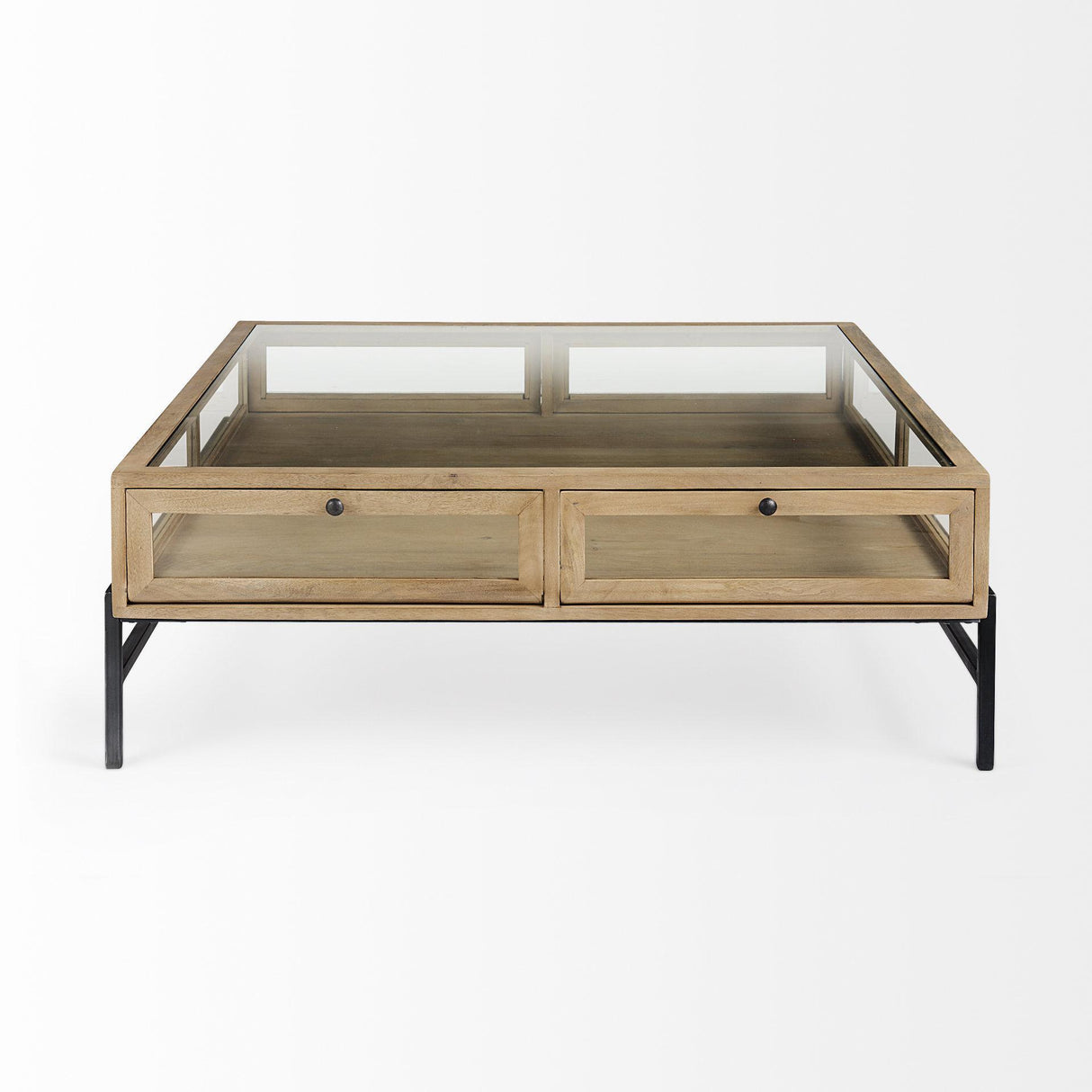 Mercana Arelius 42" Square Glass-Top Light Brown w/ Black Metal Base Display Coffee Table