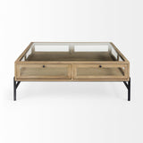Mercana Arelius 42" Square Glass-Top Light Brown w/ Black Metal Base Display Coffee Table