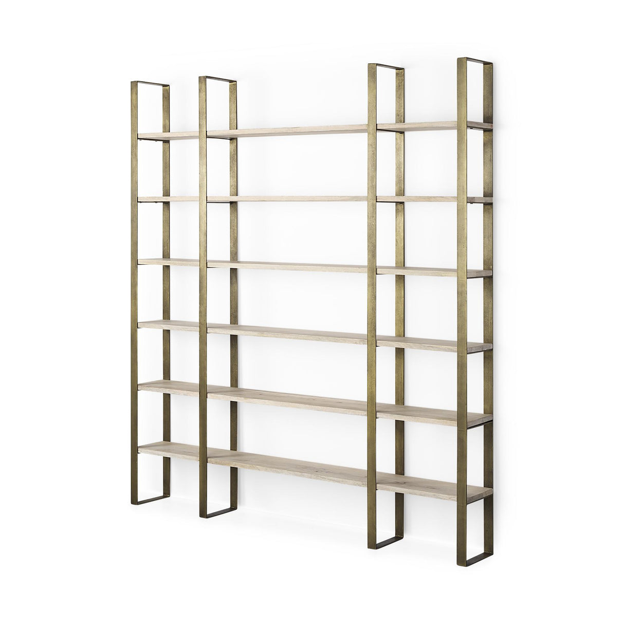 Mercana Taunton 80L x 10.5W x 90H Light Brown Wood W/ Gold Metal Frame 6 Tier Shelving Unit