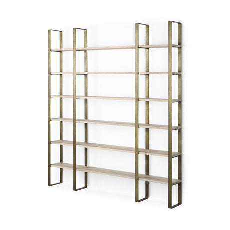 Mercana Taunton 80L x 10.5W x 90H Light Brown Wood W/ Gold Metal Frame 6 Tier Shelving Unit