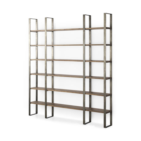 Mercana Taunton 80L x 10.5W x 90H Medium Brown Wood W/ Antique Nickel Metal Frame 6 Tier Shelving Unit