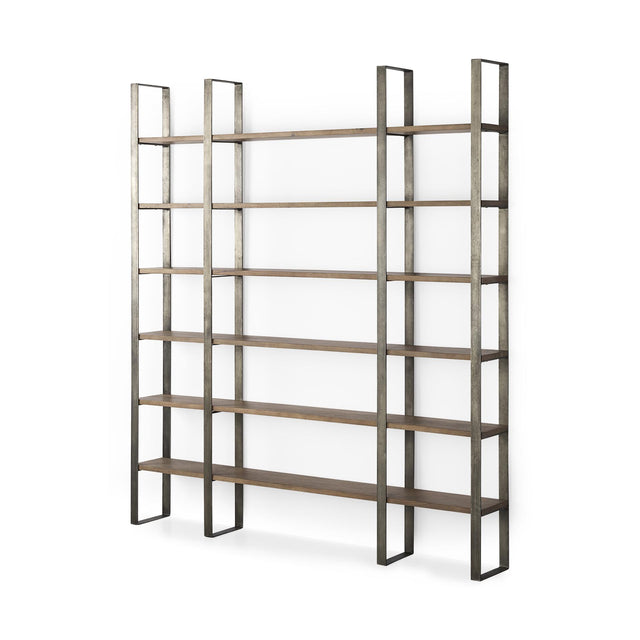 Mercana Taunton 80L x 10.5W x 90H Medium Brown Wood W/ Antique Nickel Metal Frame 6 Tier Shelving Unit
