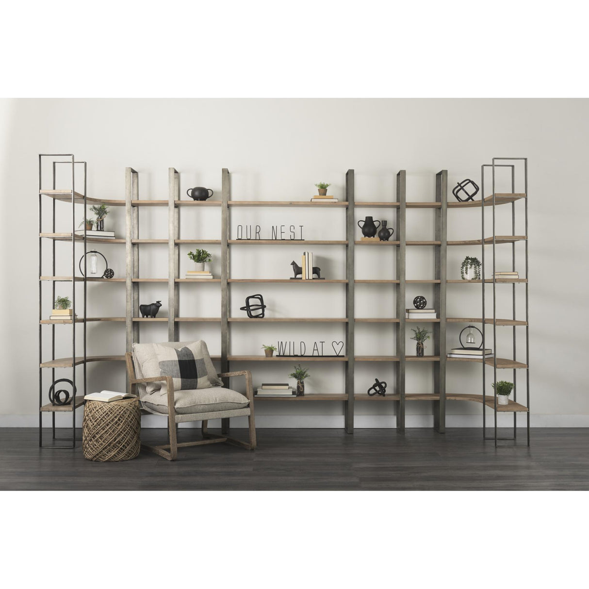 Mercana Taunton 80L x 10.5W x 90H Medium Brown Wood W/ Antique Nickel Metal Frame 6 Tier Shelving Unit