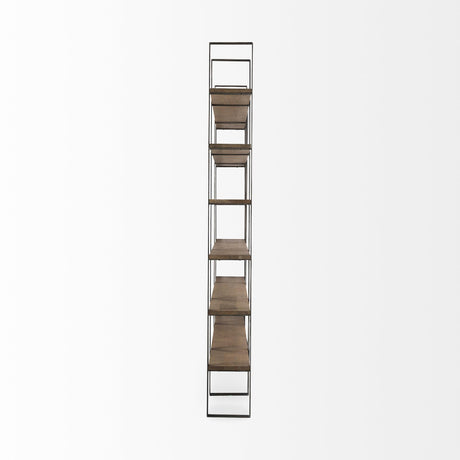 Mercana Taunton 80L x 10.5W x 90H Medium Brown Wood W/ Antique Nickel Metal Frame 6 Tier Shelving Unit