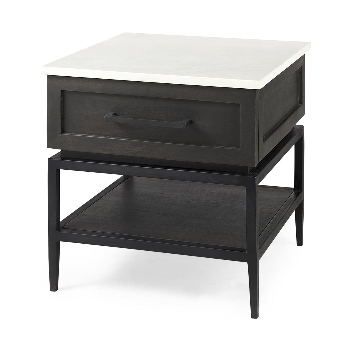 Mercana Divina Black-Brown Wood w/ White Marble Top and Black Metal Base 1 Drawer Side Table