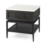 Mercana Divina Black-Brown Wood w/ White Marble Top and Black Metal Base 1 Drawer Side Table