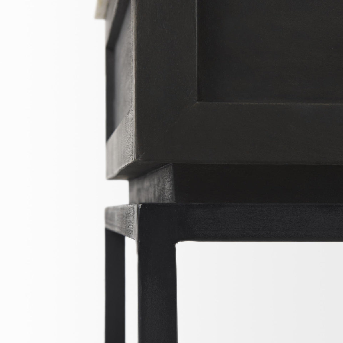 Mercana Divina Black-Brown Wood w/ White Marble Top and Black Metal Base 1 Drawer Side Table