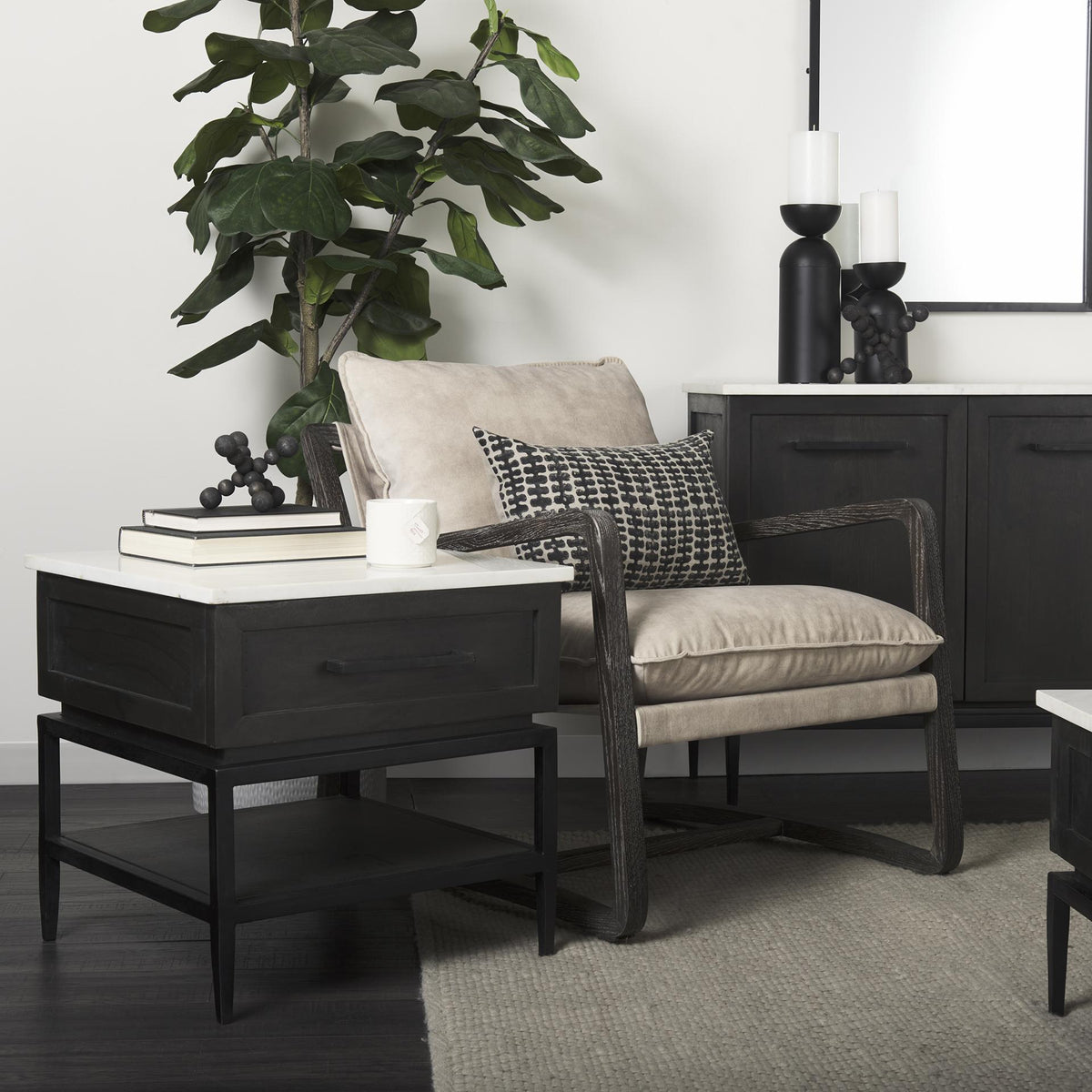 Mercana Divina Black-Brown Wood w/ White Marble Top and Black Metal Base 1 Drawer Side Table