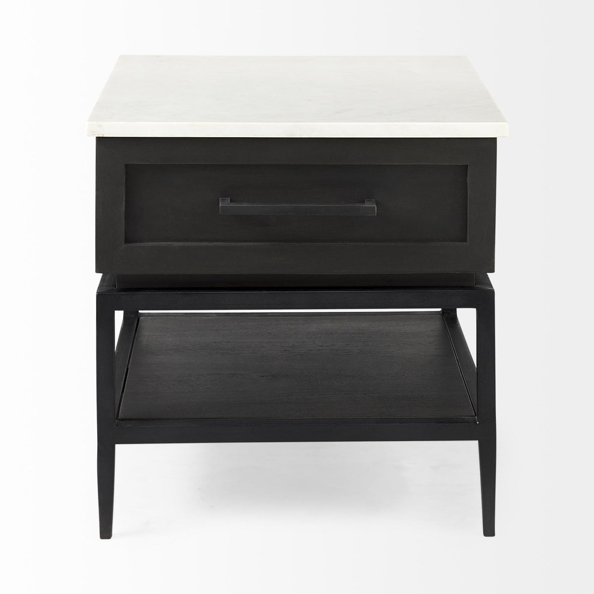 Mercana Divina Black-Brown Wood w/ White Marble Top and Black Metal Base 1 Drawer Side Table