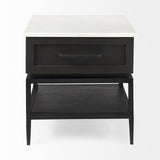 Mercana Divina Black-Brown Wood w/ White Marble Top and Black Metal Base 1 Drawer Side Table