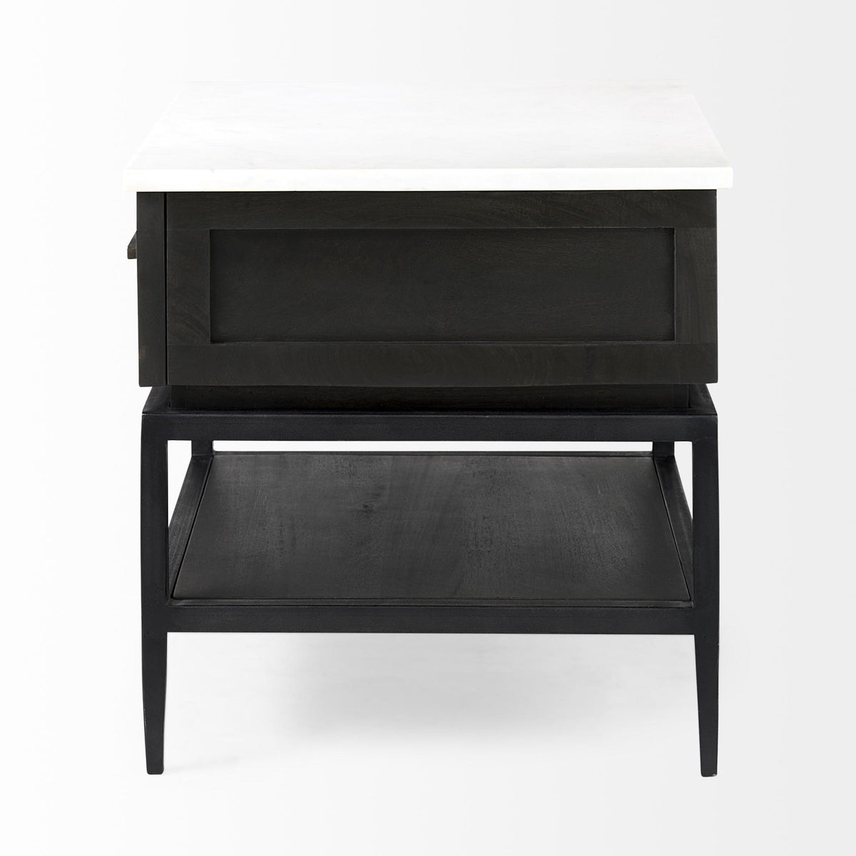 Mercana Divina Black-Brown Wood w/ White Marble Top and Black Metal Base 1 Drawer Side Table