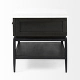 Mercana Divina Black-Brown Wood w/ White Marble Top and Black Metal Base 1 Drawer Side Table