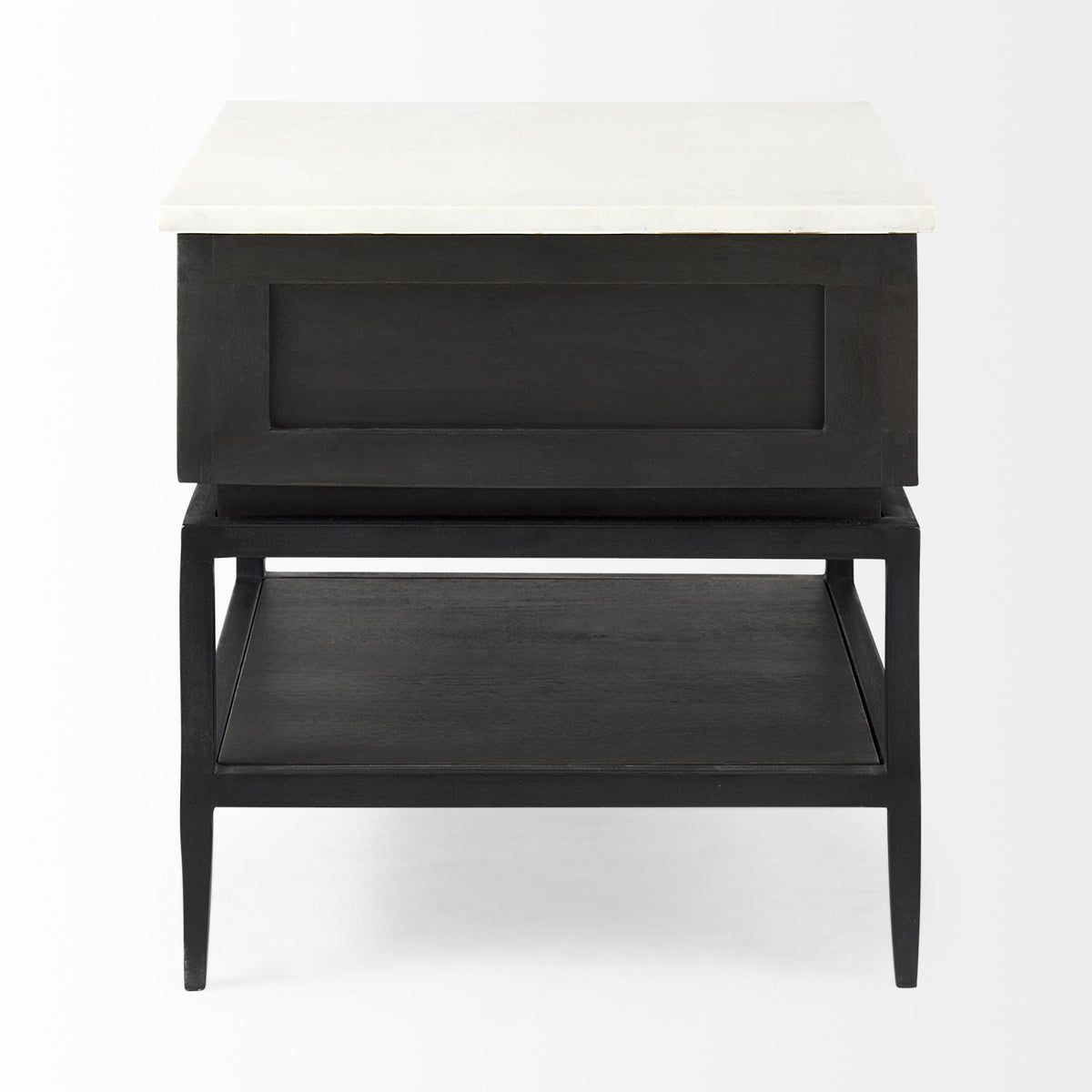 Mercana Divina Black-Brown Wood w/ White Marble Top and Black Metal Base 1 Drawer Side Table