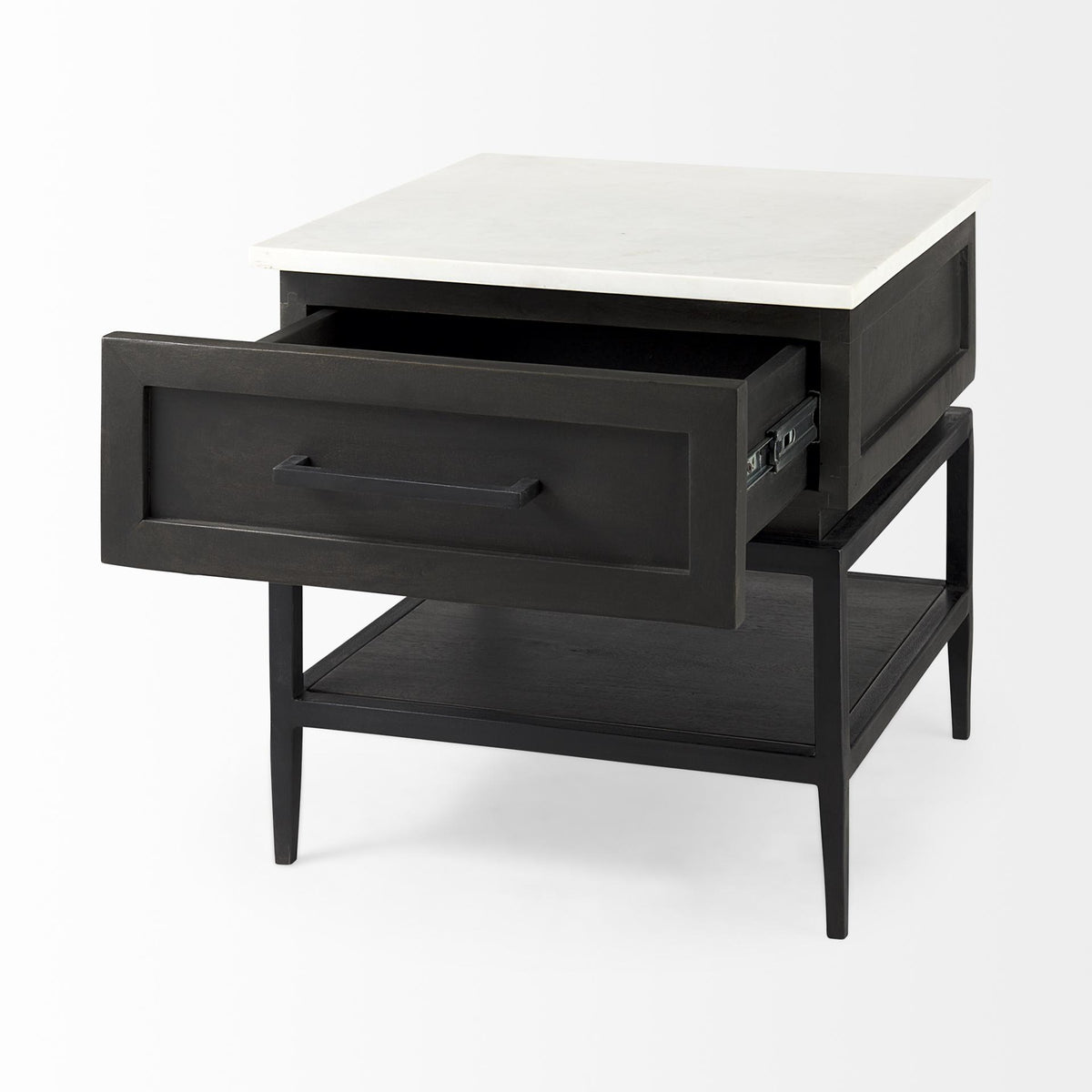 Mercana Divina Black-Brown Wood w/ White Marble Top and Black Metal Base 1 Drawer Side Table