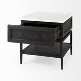 Mercana Divina Black-Brown Wood w/ White Marble Top and Black Metal Base 1 Drawer Side Table