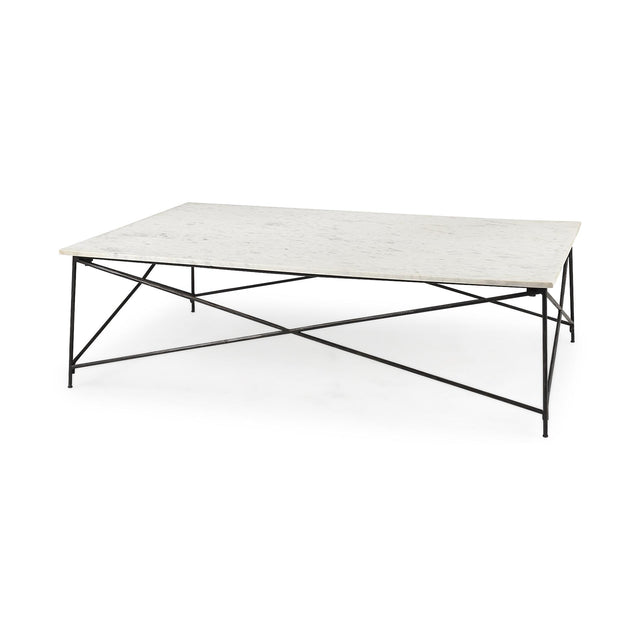 Mercana Lorlei I 53.0 X 35.0 X 15.5 White Marble Top W/ X-Shaped Gray Iron Base Coffee Table