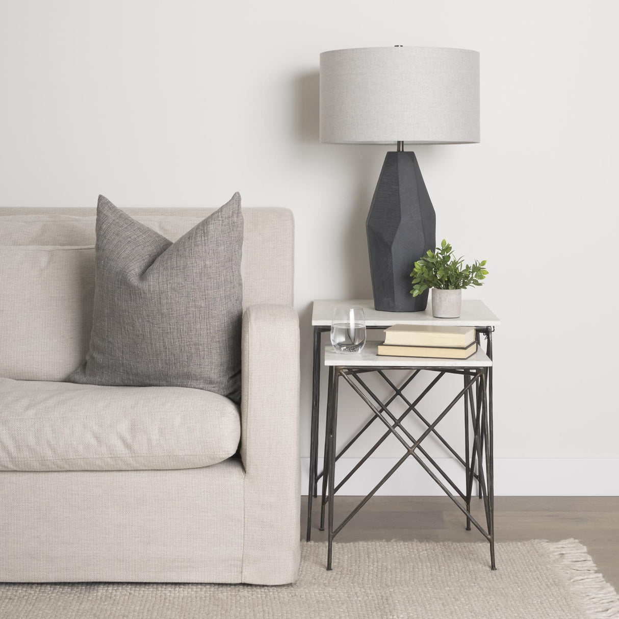 Mercana Lorlei 20.0L x 20.0W x 23.8H White Marble Top W/ Gray Iron Legs End and Side Table