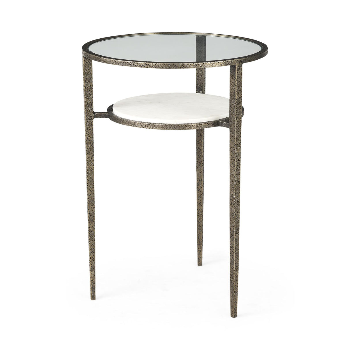 Mercana Felicity 15.8L X 15.8W X 22.5H Glass Top W/ White Marble Shelf and Antique Gold Base End/Side Table