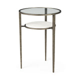 Mercana Felicity 15.8L X 15.8W X 22.5H Glass Top W/ White Marble Shelf and Antique Gold Base End/Side Table