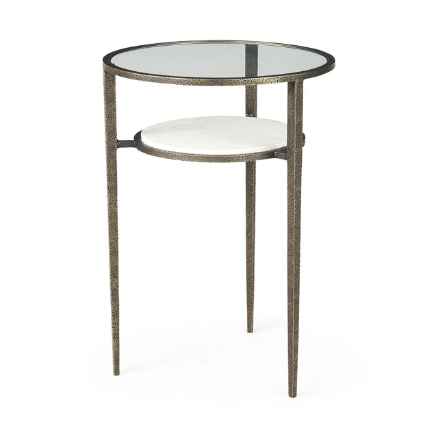 Mercana Felicity 15.8L X 15.8W X 22.5H Glass Top W/ White Marble Shelf and Antique Gold Base End/Side Table