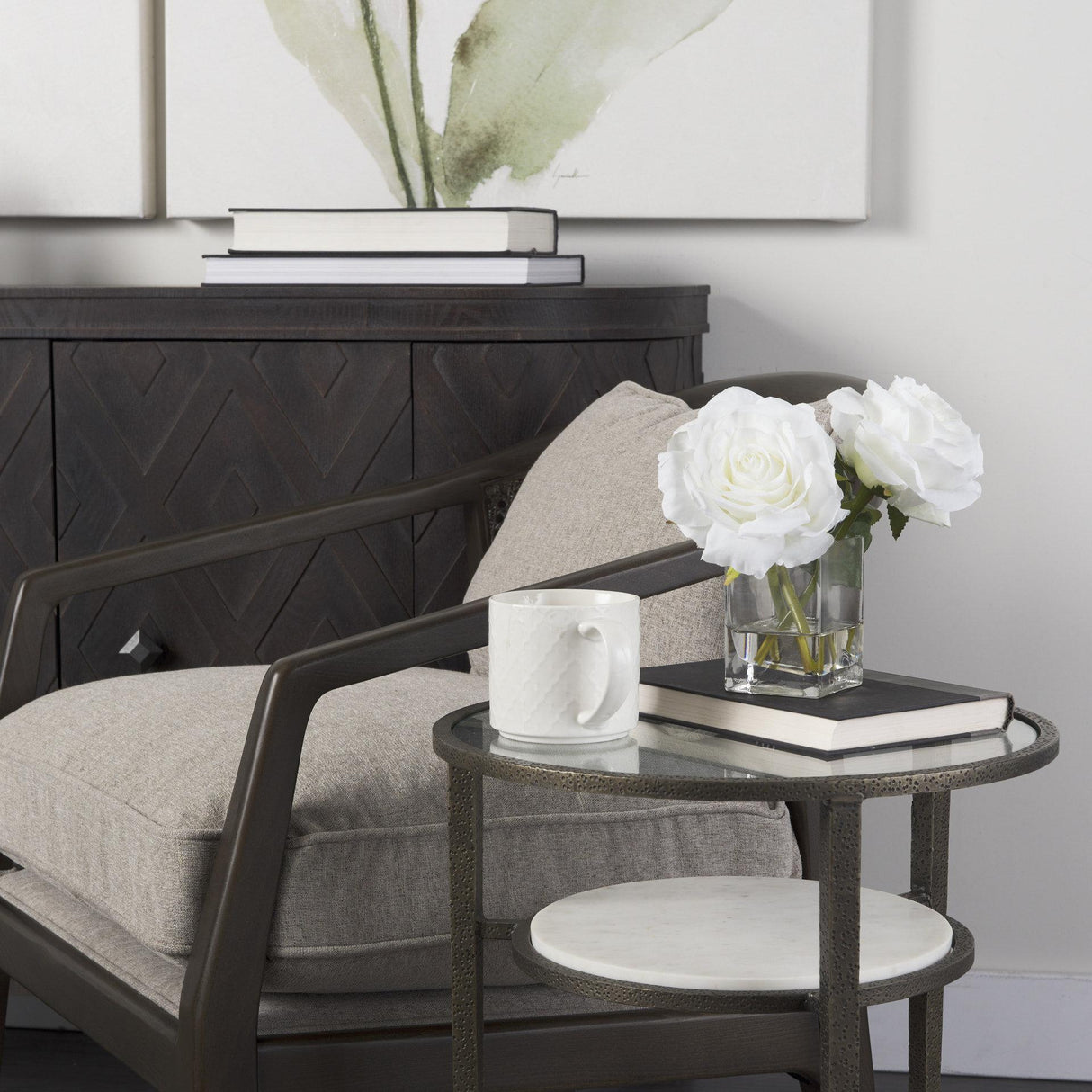 Mercana Felicity 15.8L X 15.8W X 22.5H Glass Top W/ White Marble Shelf and Antique Gold Base End/Side Table