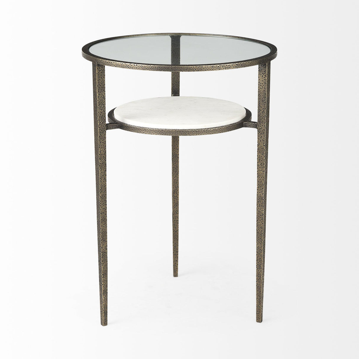 Mercana Felicity 15.8L X 15.8W X 22.5H Glass Top W/ White Marble Shelf and Antique Gold Base End/Side Table