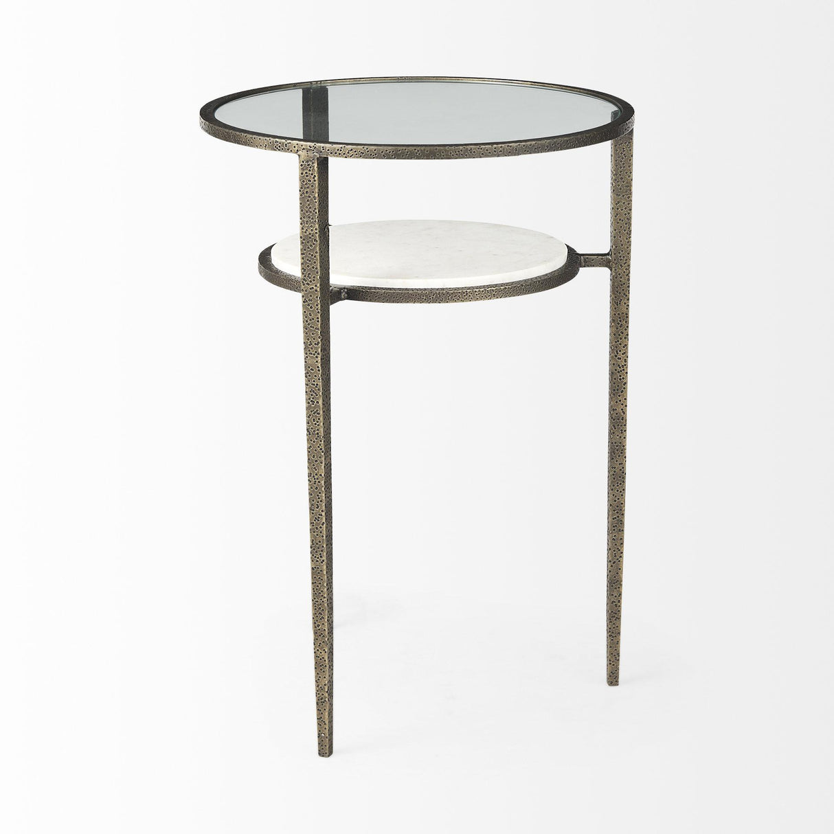 Mercana Felicity 15.8L X 15.8W X 22.5H Glass Top W/ White Marble Shelf and Antique Gold Base End/Side Table