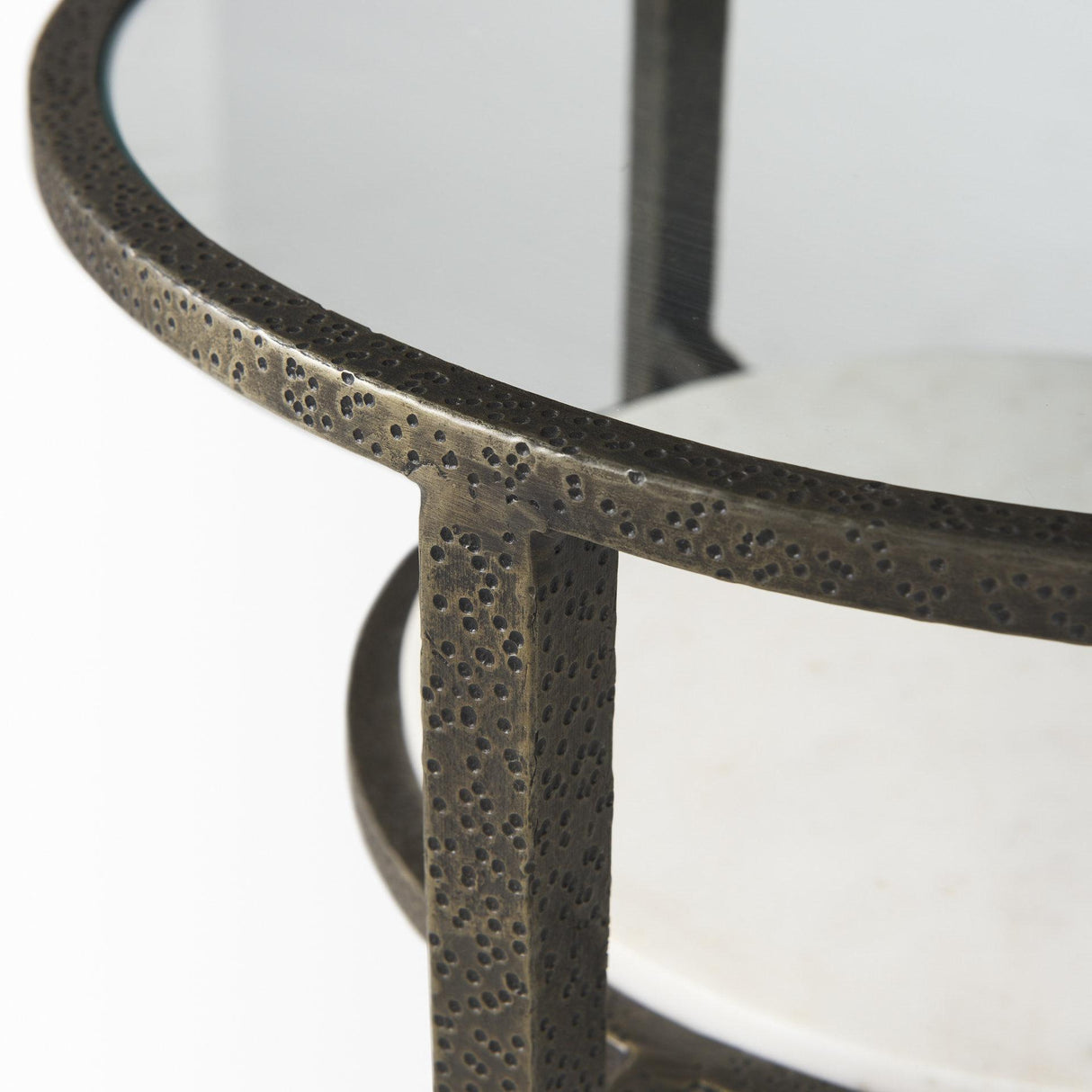 Mercana Felicity 15.8L X 15.8W X 22.5H Glass Top W/ White Marble Shelf and Antique Gold Base End/Side Table