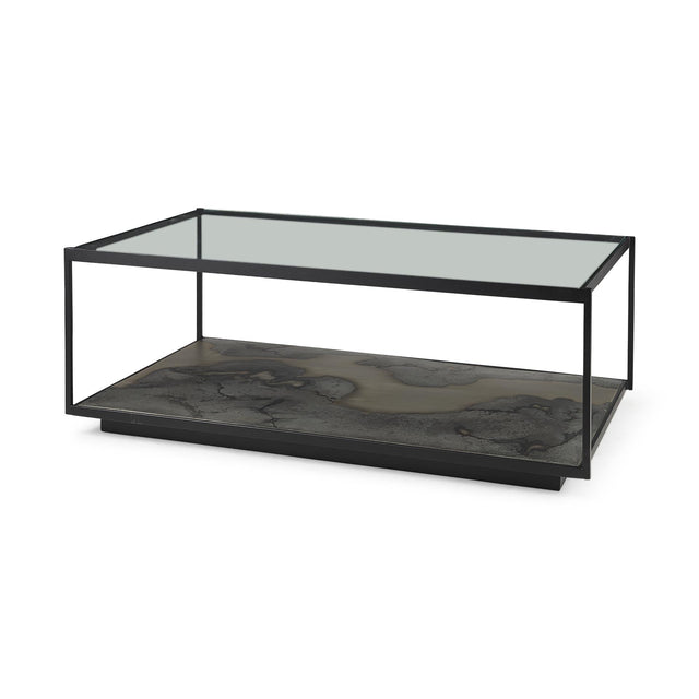 Mercana Roxdale 48.25L X 27.5W X 18.0H Acid Wash Metal Coffee Table W/ Glass Top