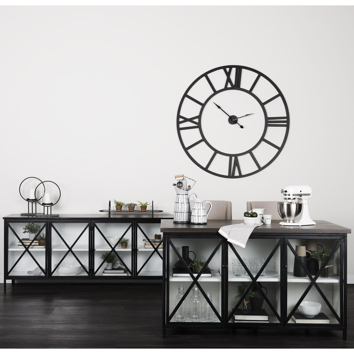 Mercana Aurelia 79.0L x 16.0W x 33.0H Black and White Metal Four Door Glass Cabinet
