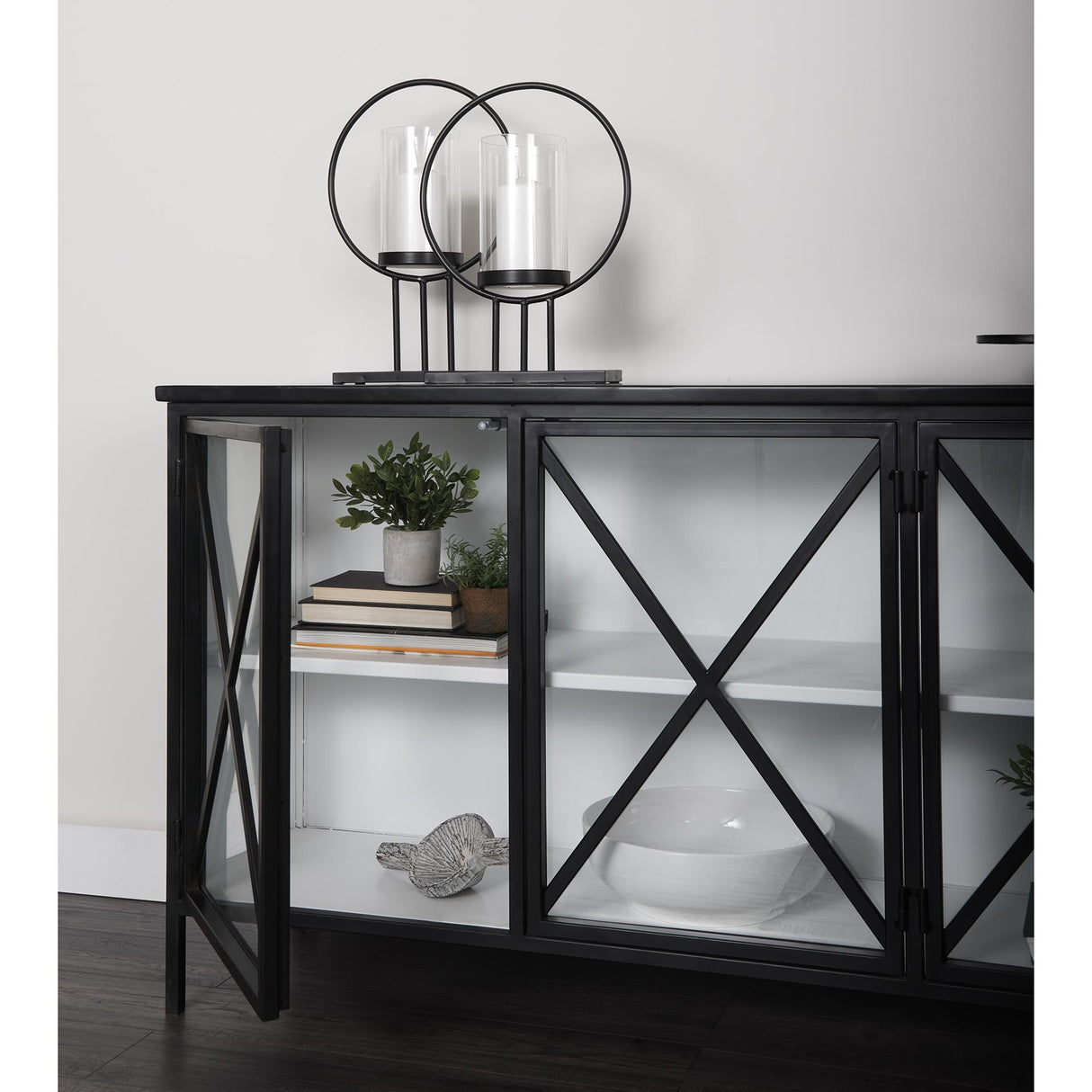 Mercana Aurelia 79.0L x 16.0W x 33.0H Black and White Metal Four Door Glass Cabinet