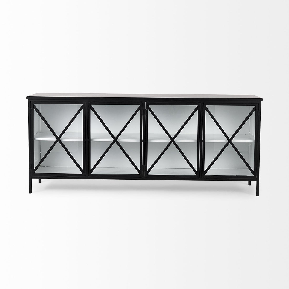 Mercana Aurelia 79.0L x 16.0W x 33.0H Black and White Metal Four Door Glass Cabinet