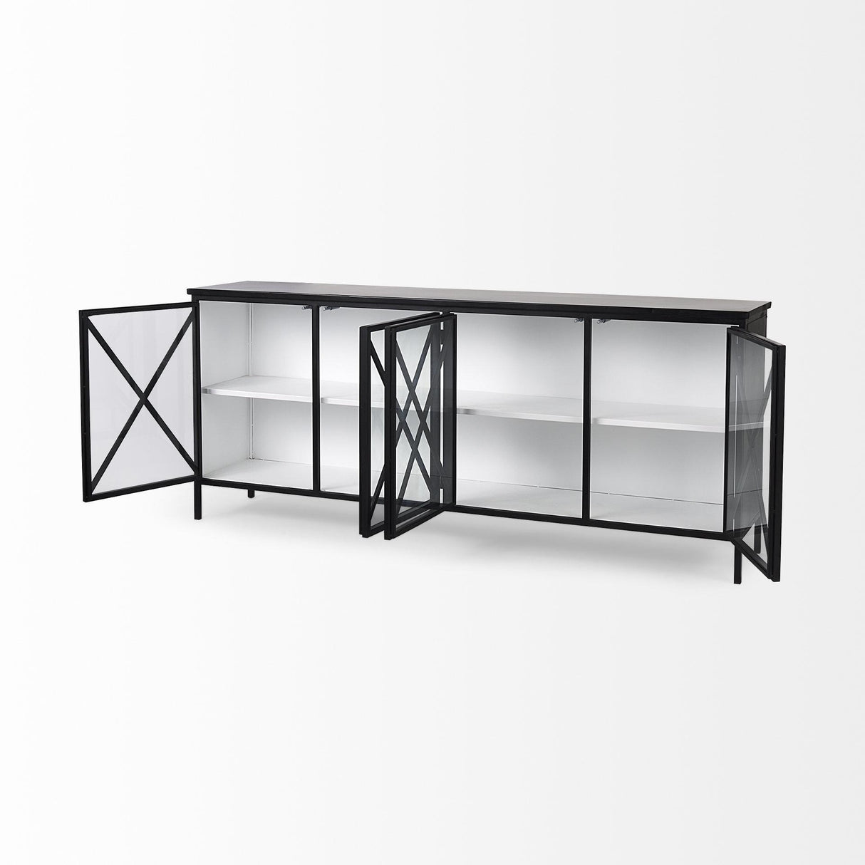 Mercana Aurelia 79.0L x 16.0W x 33.0H Black and White Metal Four Door Glass Cabinet