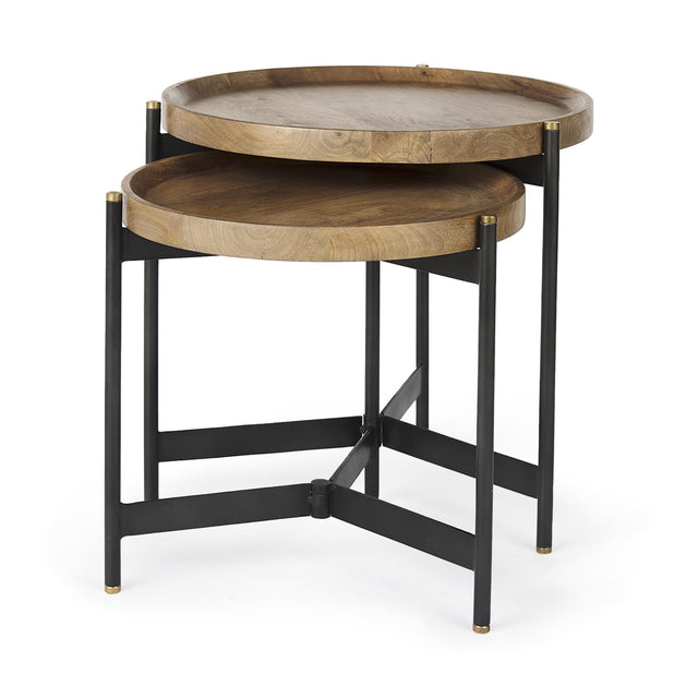 Mercana Marquisa (Set of 2) 22.5L x 22.5W x 20.8H Light Brown Wood W/ Black Metal Base Nesting Side Tables