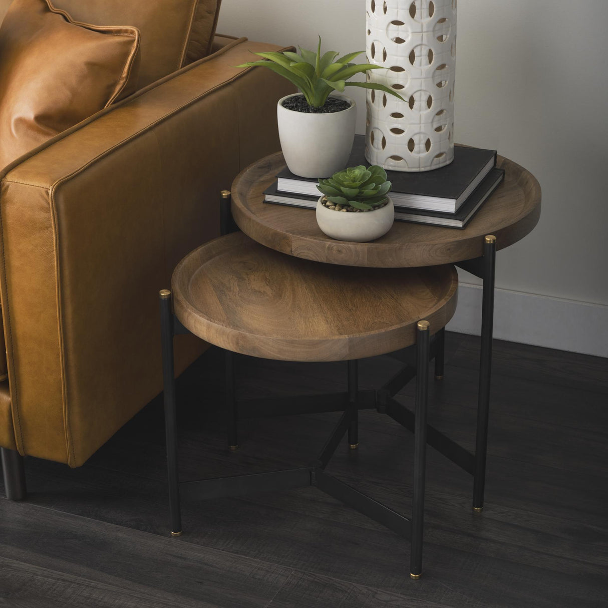 Mercana Marquisa (Set of 2) 22.5L x 22.5W x 20.8H Light Brown Wood W/ Black Metal Base Nesting Side Tables