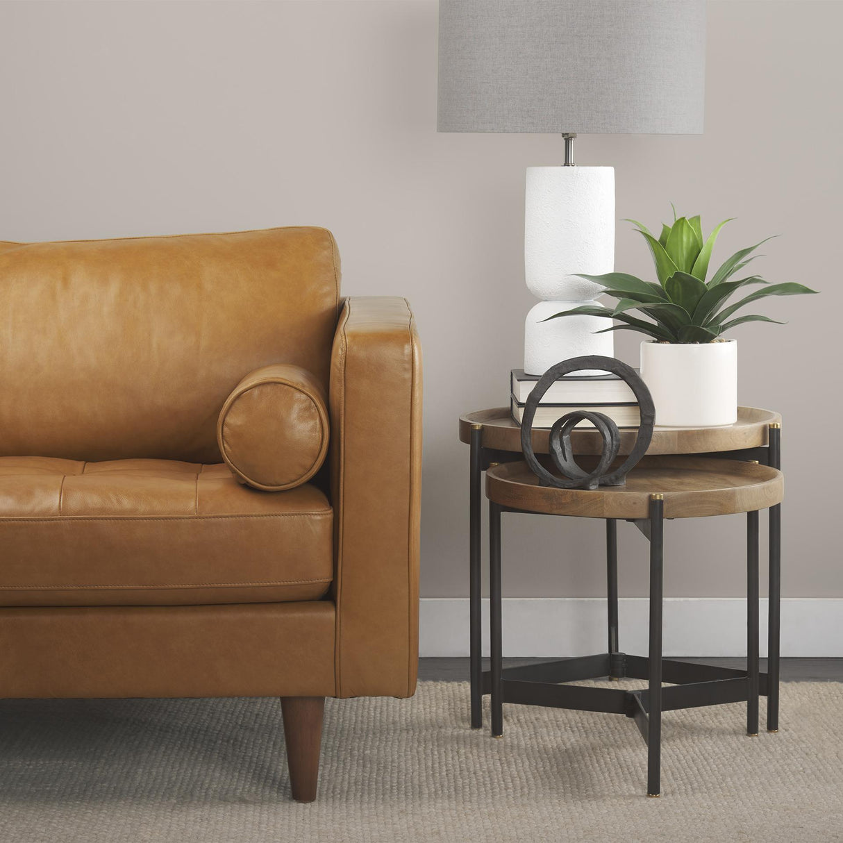 Mercana Marquisa (Set of 2) 22.5L x 22.5W x 20.8H Light Brown Wood W/ Black Metal Base Nesting Side Tables