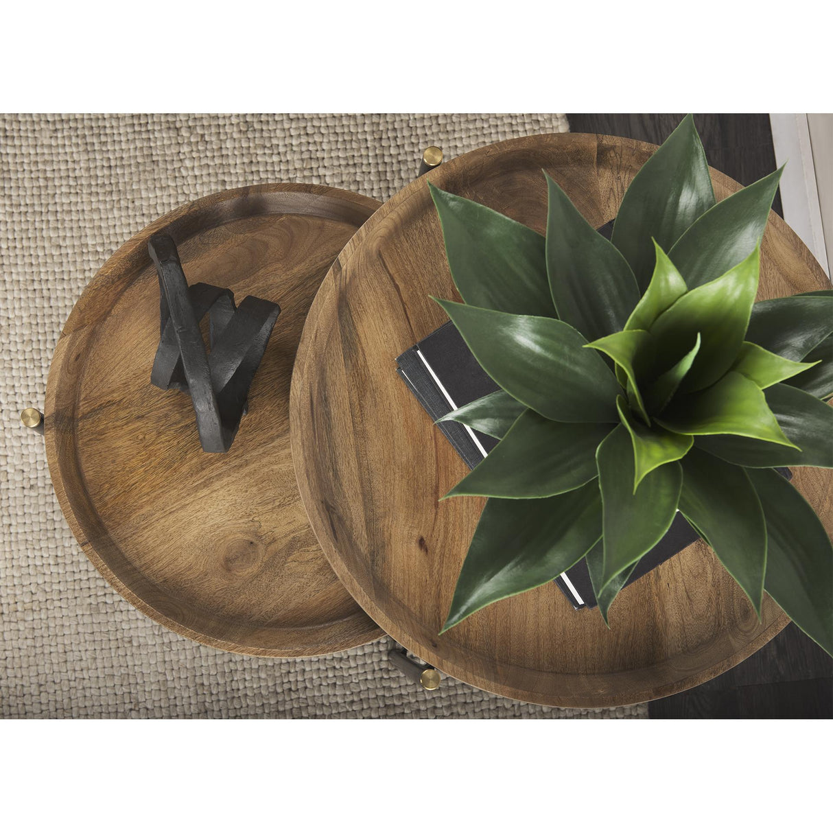 Mercana Marquisa (Set of 2) 22.5L x 22.5W x 20.8H Light Brown Wood W/ Black Metal Base Nesting Side Tables