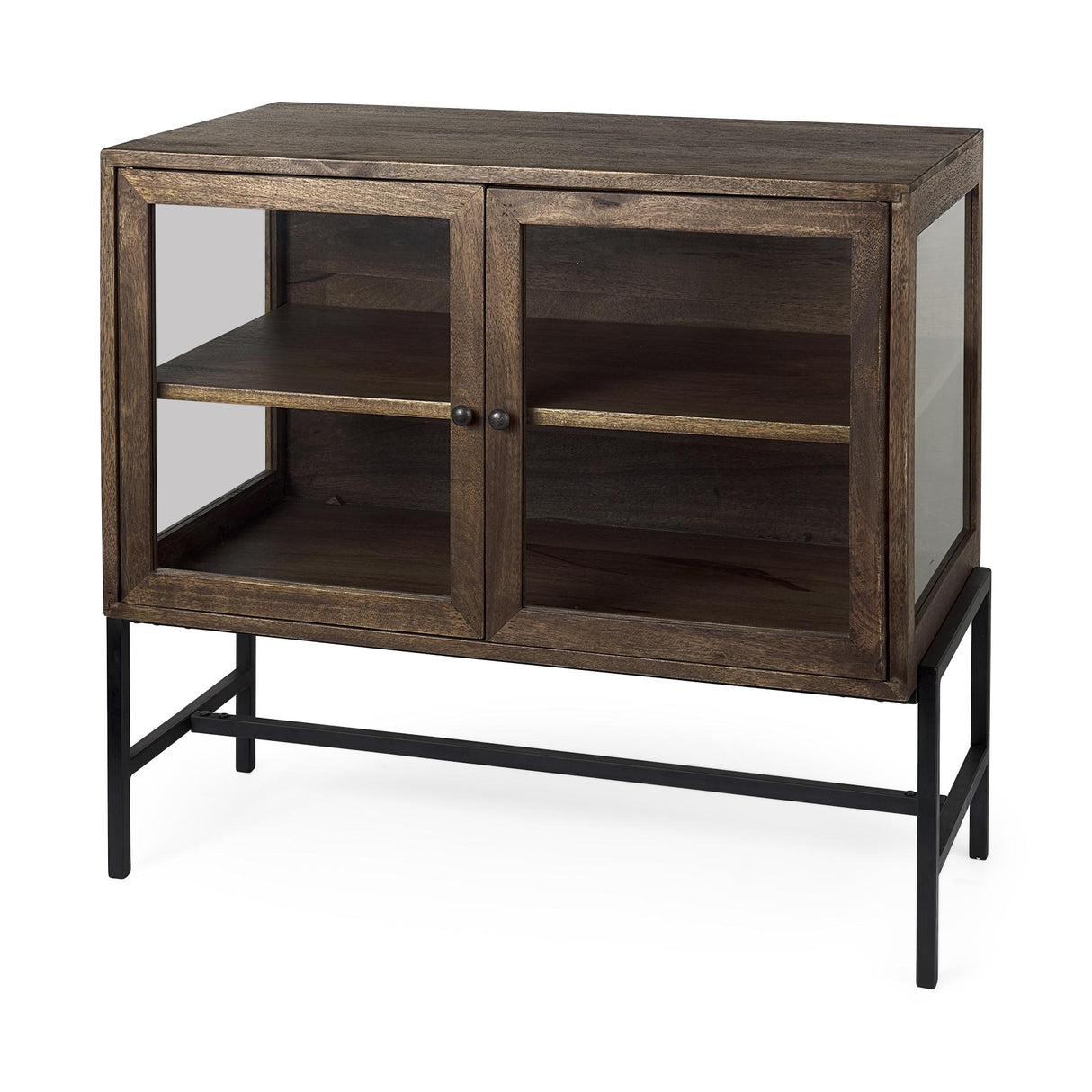 Mercana Arelius 36L x 18W x 32H Medium Brown Wood, Black Metal Base w/ 2 Glass Doors Accent Cabinet