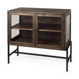 Mercana Arelius 36L x 18W x 32H Medium Brown Wood, Black Metal Base w/ 2 Glass Doors Accent Cabinet
