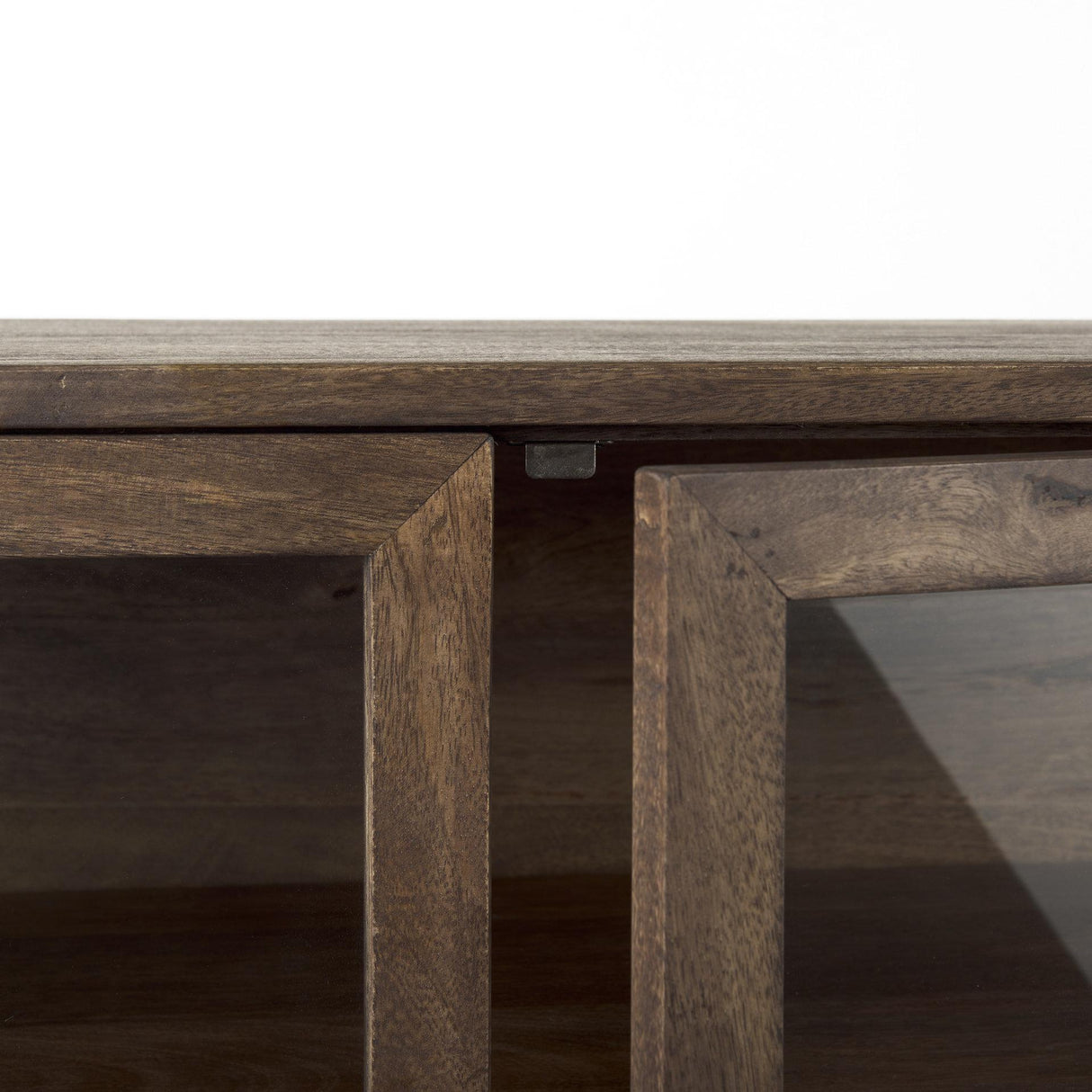 Mercana Arelius 36L x 18W x 32H Medium Brown Wood, Black Metal Base w/ 2 Glass Doors Accent Cabinet