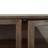 Mercana Arelius 36L x 18W x 32H Medium Brown Wood, Black Metal Base w/ 2 Glass Doors Accent Cabinet